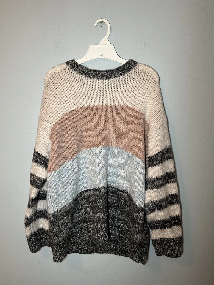 Suéter listrado azul difuso feminino American Eagle malha oversized XL aconchegante robusto - Imagem 3 de 4