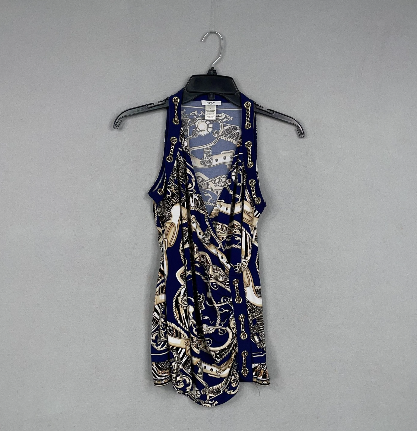Cache Top Womens XS Blue Chain Belt Scarf Print Sleeveless Equestrian Blouse