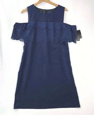 NWT AB Studio Women's Cold Shoulder Shift Ruffle Zipper Dress Navy Blue Size 6