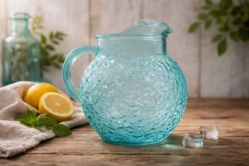 VTG ANCHOR HOCKING LIDO MILANO TEXTURED BLUE AQUAMARINE BALL PITCHER ICE LIP 9"