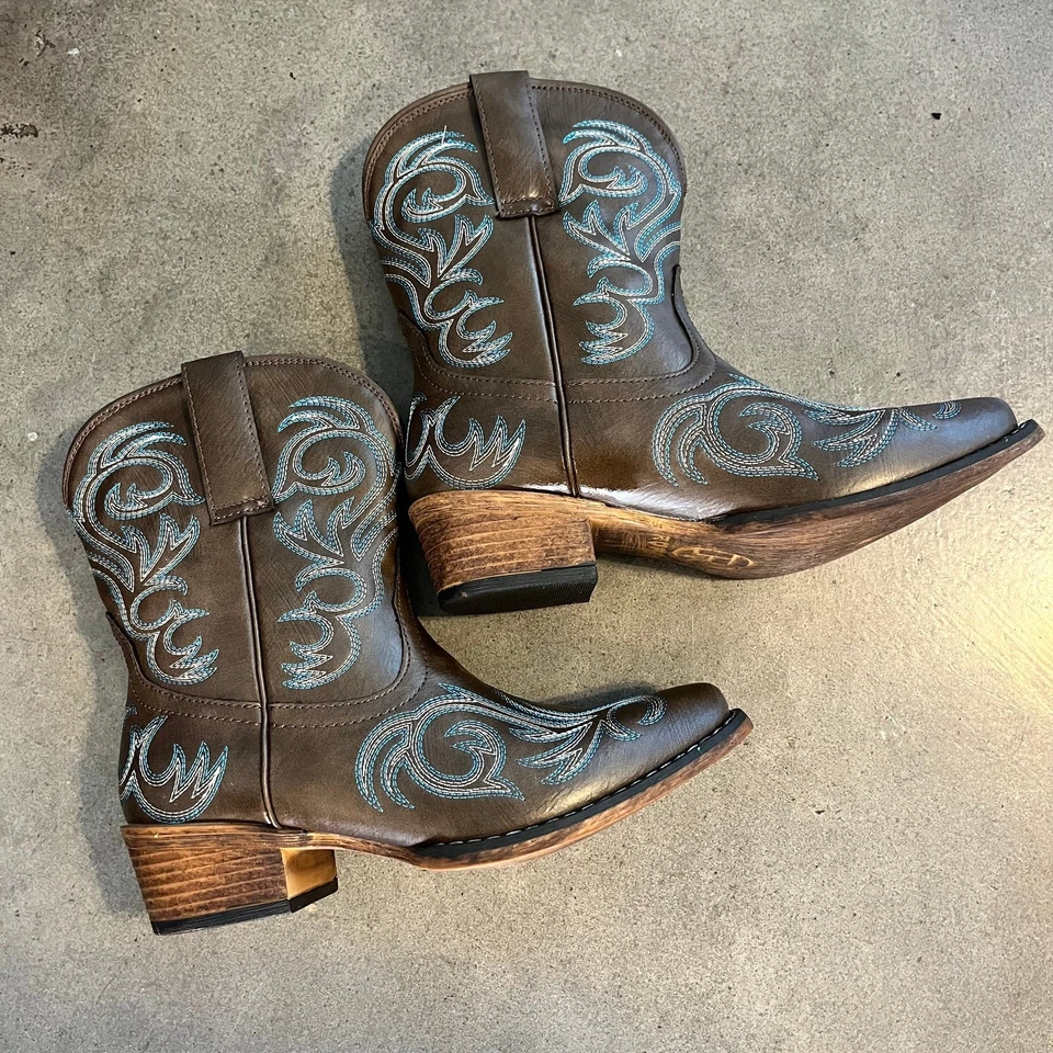 Roper Marrón Cuero Verde azulado Vaquero Western Botines Mujer 6 NUEVO País Foto 4 de 4