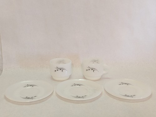 Vintage Fire King Cups And Saucers Milk Glass Silver Wheat Anchor Hawking 5 Pcs