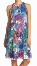 AIDAN MATTOX ~ Blue Multi Floral Mesh Overlay Fit & Flare Party Dress 6 NEW $190