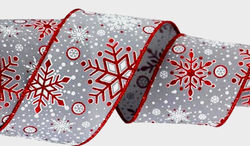 Rot weiße Schneeflocken auf grau 2,5" mal 2 Yards Drahtband Weihnachten Winter Glitzer - Bild 3 von 4