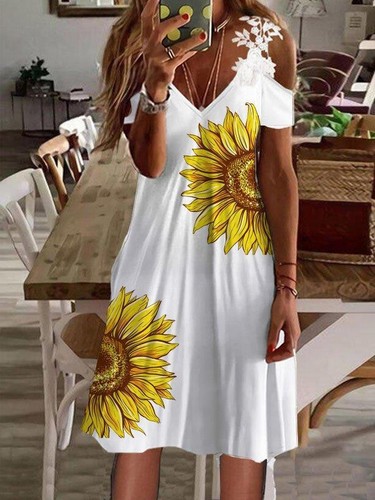 Summer Women's Imitation Cotton Printed Off Shoulder Short Sleeve Lace Dress - Picture 23 of 30