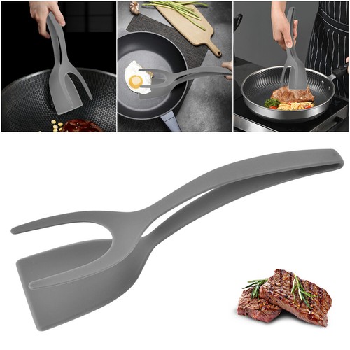 2 In 1 Egg Spatula Tongs Steak Spatula Tongs Clamp Kitchen Gadget (Grey) - Picture 10 of 12