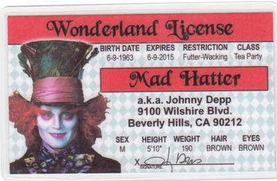 Johnny Depp the Mad Hatter fake ID card Drivers License Alice in