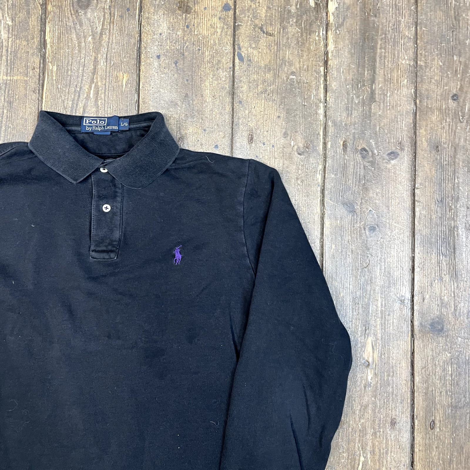 Ralph Lauren Polo Shirt Mens Y2K Vintage Long Sleeve Small Pony Top Black, Large image 2