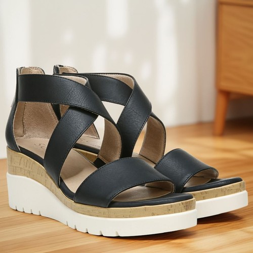 Soul Naturalizer Womens Goodtimes Strappy Zipper Wedge Casual Sandals Black NIB