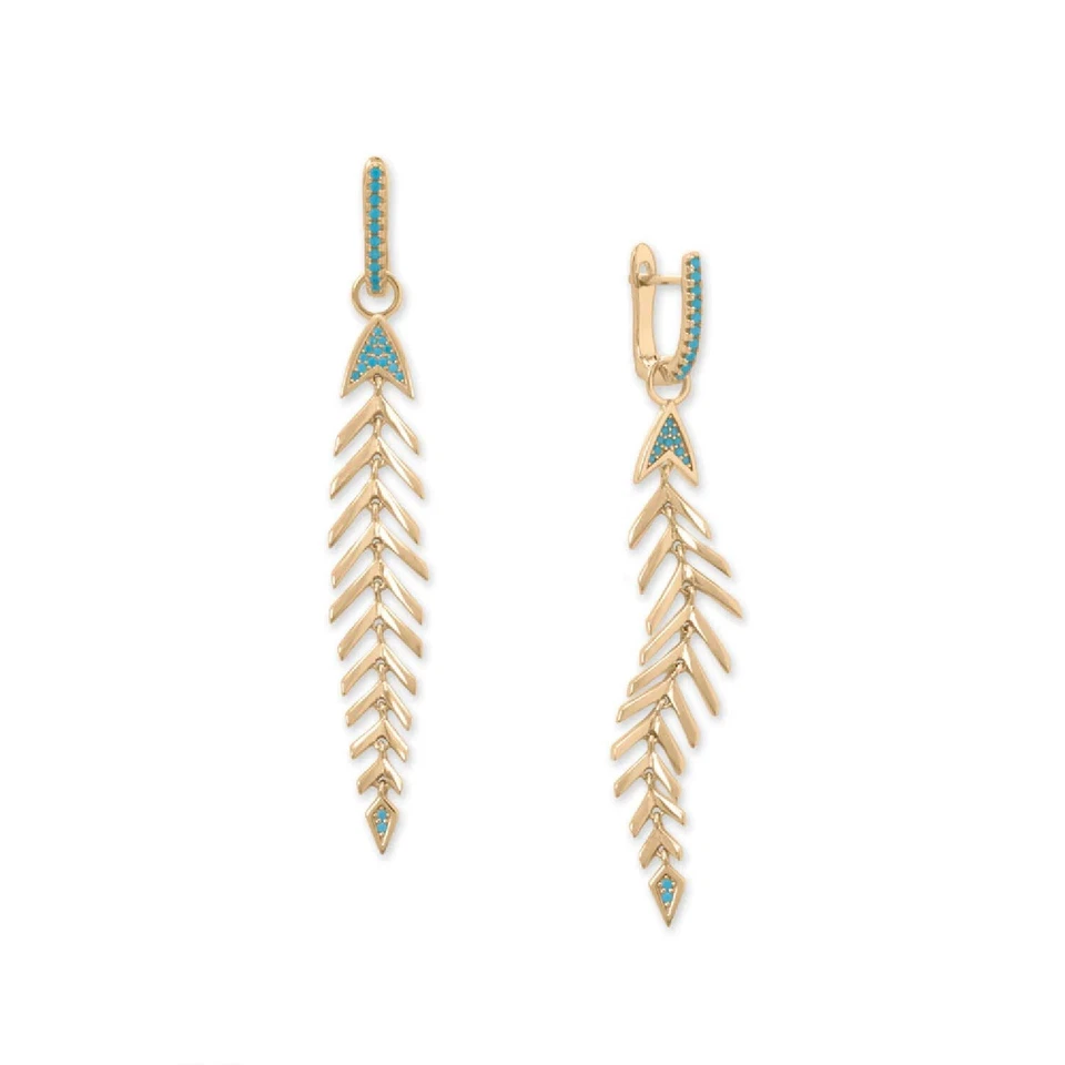 14k Gold Plated Synthetic Turquoise Fishbone Detachable Charm Hoop Earrings - Image 4 of 4