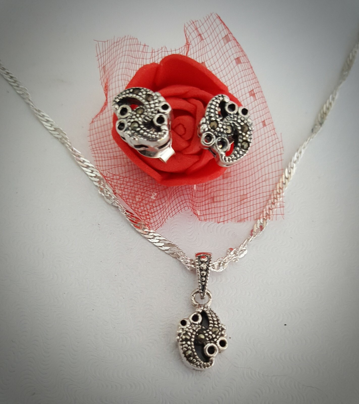 Sterling Silver Marcasite Earrings and 2 Pendants ( Chain in White Gold