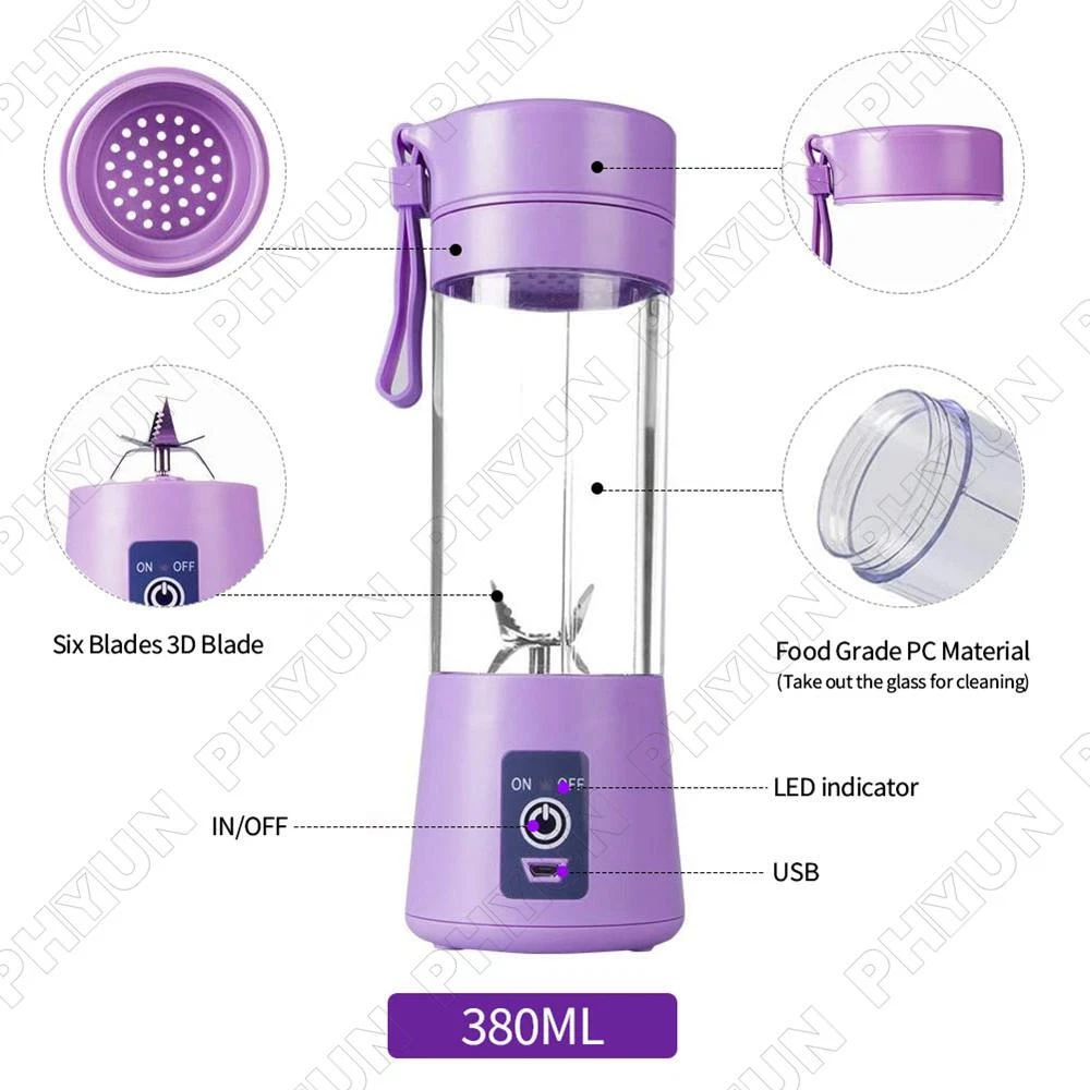 Portable Blender Cup,Electric USB Juicer Blender,Mini Blender Portable  Blender For Shakes and Smoothies, juice,380ml, Six Blades Great for