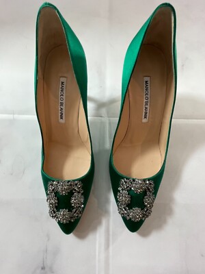 MANOLO BLAHNIK $1195GREEN SILK HANGISI SIZE 37.5 | eBay