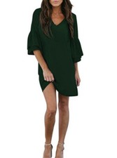 Belongsci Womens Green V Neck Bell Sleeve Mini Shift Dress L