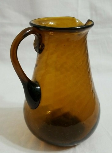 Vintage Art Glass Amber Swirl Miniature Pitcher, Handblown Applied Handle - Picture 3 of 7