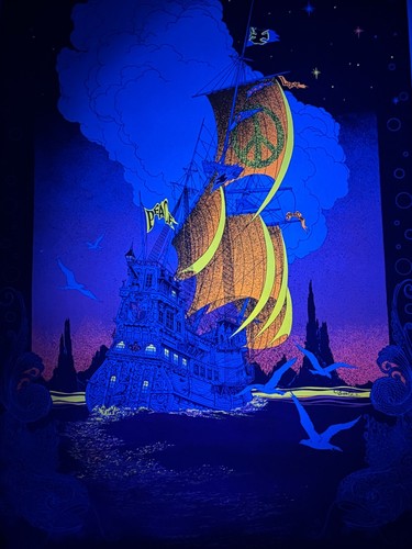 Vintage 1970 Friendship Frigate Peace Love Ship Black Light Poster