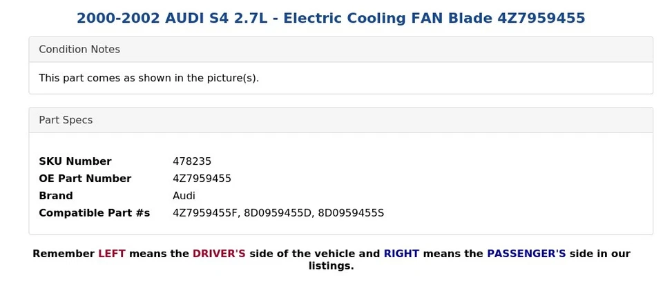 AUDI S4 2000-2002 2,7 L - Ventilador eléctrico hoja 4Z7959455 Foto 4 de 4