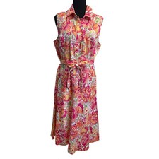 Appleseeds Petites Womens 14P Floral Shirtdress Pink Orange Sleeveless Belted