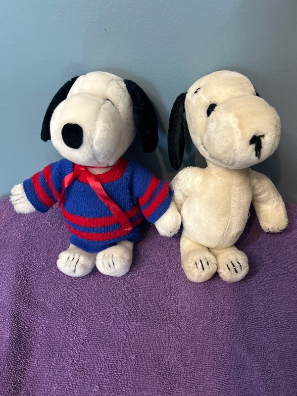 2 Vintage Snoopy Peanuts , One with Red & Blue Sweather 1968, the other 1988