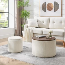 2PCS Set Round Chenille Storage Ottoman & Drum Stool Desktop Panel Coffee Table
