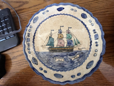HP 11 5/8'' redware scenic plate from Greece, artist signed (A) ship, 2 fish