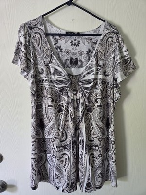 Vtg Y2K Womens Top 1X Black White Fairy Grunge Indie goth Beaded Artsy Boho 