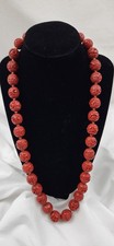 Vintage Chinese Cinnabar Hand Carved Knotted Bead Necklace Silver Clasp