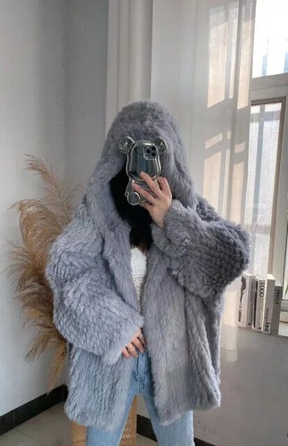 Chaqueta abrigo con capucha de piel de conejo real tejido tejido de punto para mujer - Imagen 38 de 44