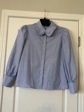 Women’s Monoprix Celeste Blue Ruffled Collar Top Cottagecore Long Slv Sz 40 M/L