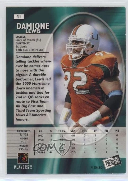2001 Press Pass SE Damione Lewis #41 Rookie RC - Image 2 of 2