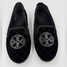 Tory Burch Quilted Billy Slipper Smart Velvet Leather Flats Size 8 M in Black