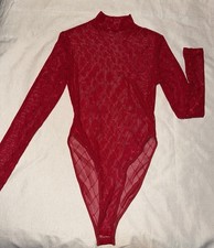 Women  s Red Sheer Stretch Long Sleeve Mock Neck Bodysuit One Size Wireless