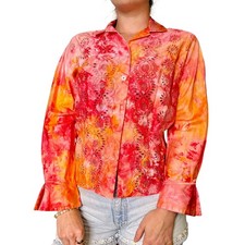 Ice Dyed Cotton & Embroidered Button up Blouse Pink & Orange Reworked Upcycled