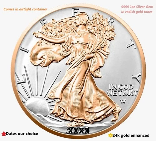 1 oz- AM SILVER EAGLE$1(Bu) /24KT Gold Gilded + In Holder (Different Dates)