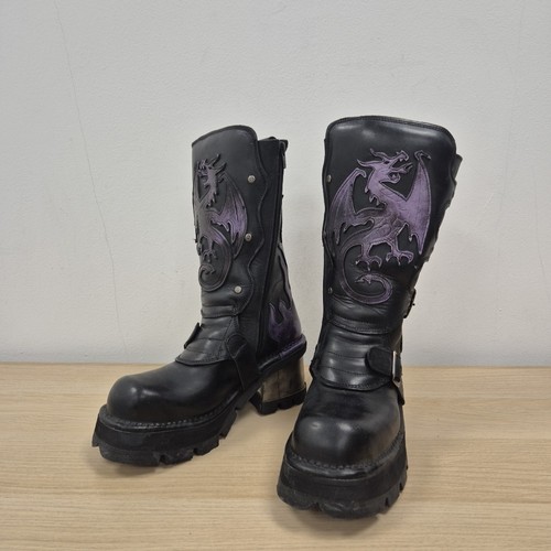 Nuevas Botas Rock Reactor Dragon Flame Cuero Gruesas Plataforma Negras Reino Unido 6.5 UE 40