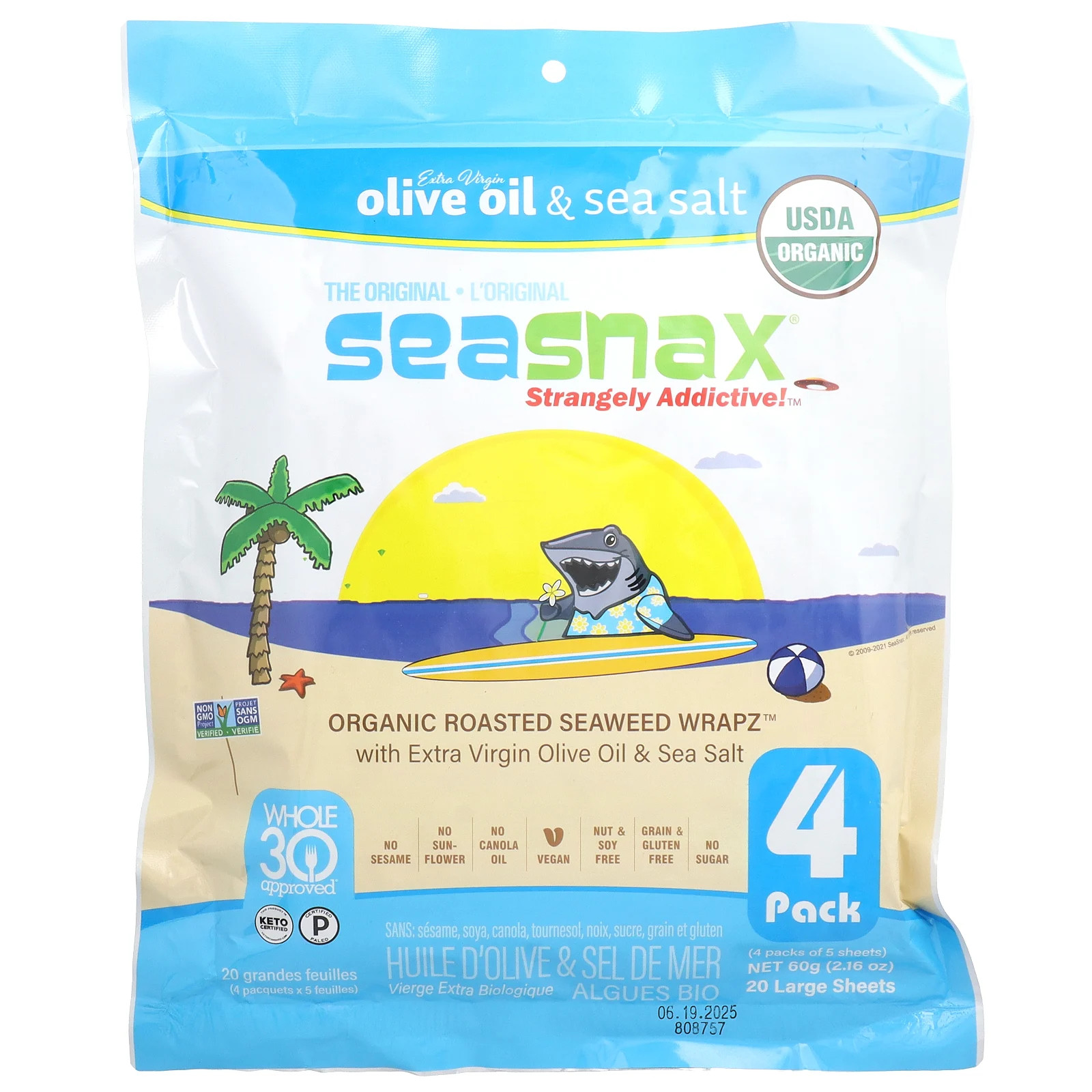 Обертка из органических жареных морских водорослей, оливковое масло и морская соль, 20 больших листов, 2,16 унции