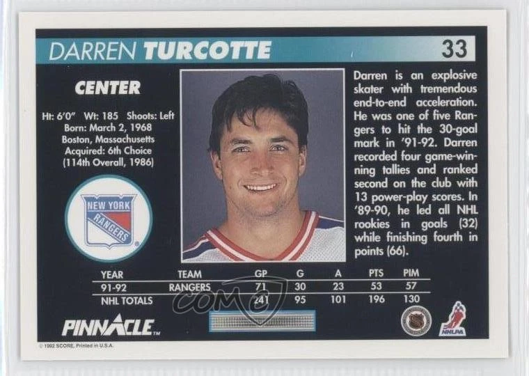 1992-93 Pinnacle Darren Turcotte #33 - Image 2 of 2