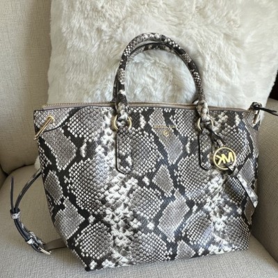 Michael Kors Snakeskin Print Large Satchel Zip Bag Gray/Black Gold Strap Charm