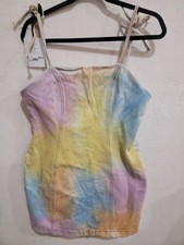Glamorous Multi Tie-Dye Denim Mini Dress Spaghetti Tie Strap Women's Size L NWT