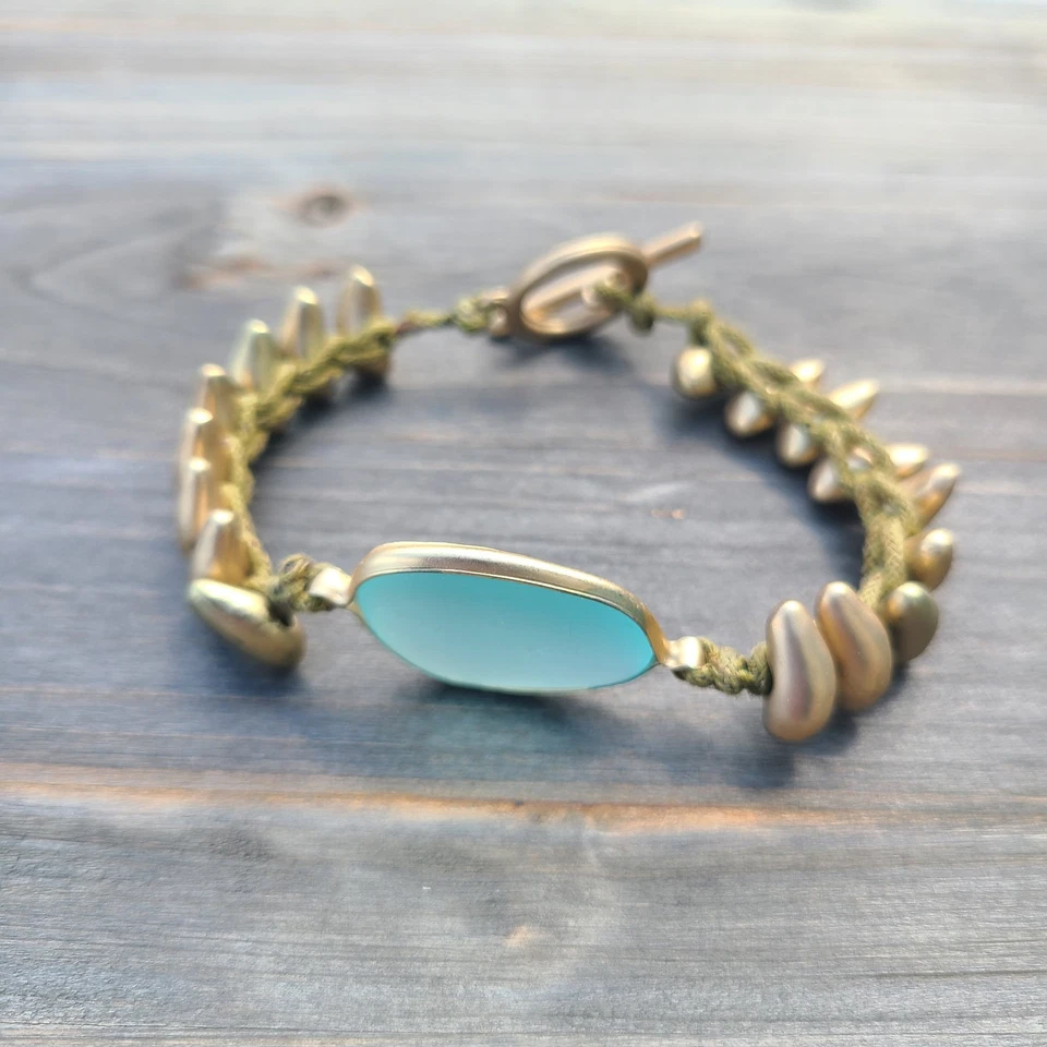 Pulsera J. Jill JJill Océano Azul Cristal de Mar Color Dorado Cuentas Envolvente Tejida Cáñamo Foto 2 de 4