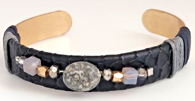 Ocean Jasper & Faux Snake Leather Cuff Bracelet Glass Accent Beads 6''