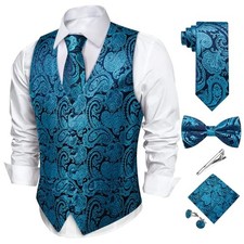 Men's Silk Paisley Vest and Necktie Set 6PCS Pre-tied Bow Tie Large Teal Blue