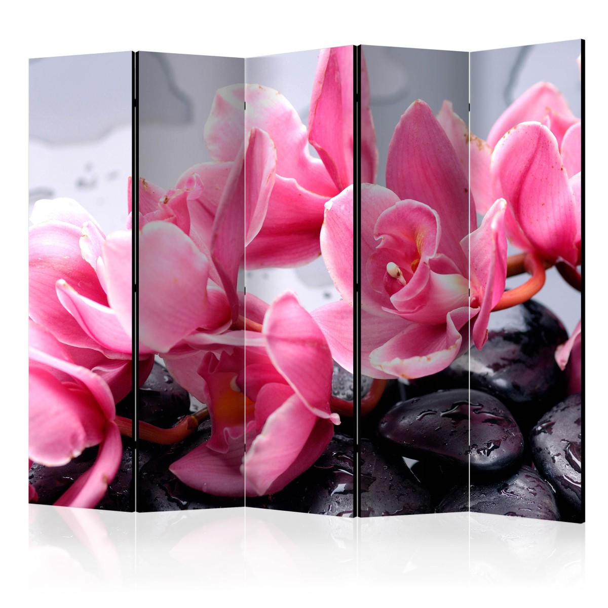 Paravent 5 volets de luxe imprimé orchidées en bois de pin 172x225cm