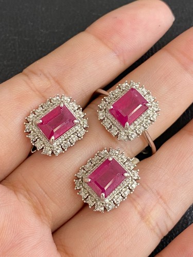 NATURAL RUBY OC 9X7 DIAMOND STERLING SILVER 925 RING EARRING PENDANT - 第 2/13 張圖片