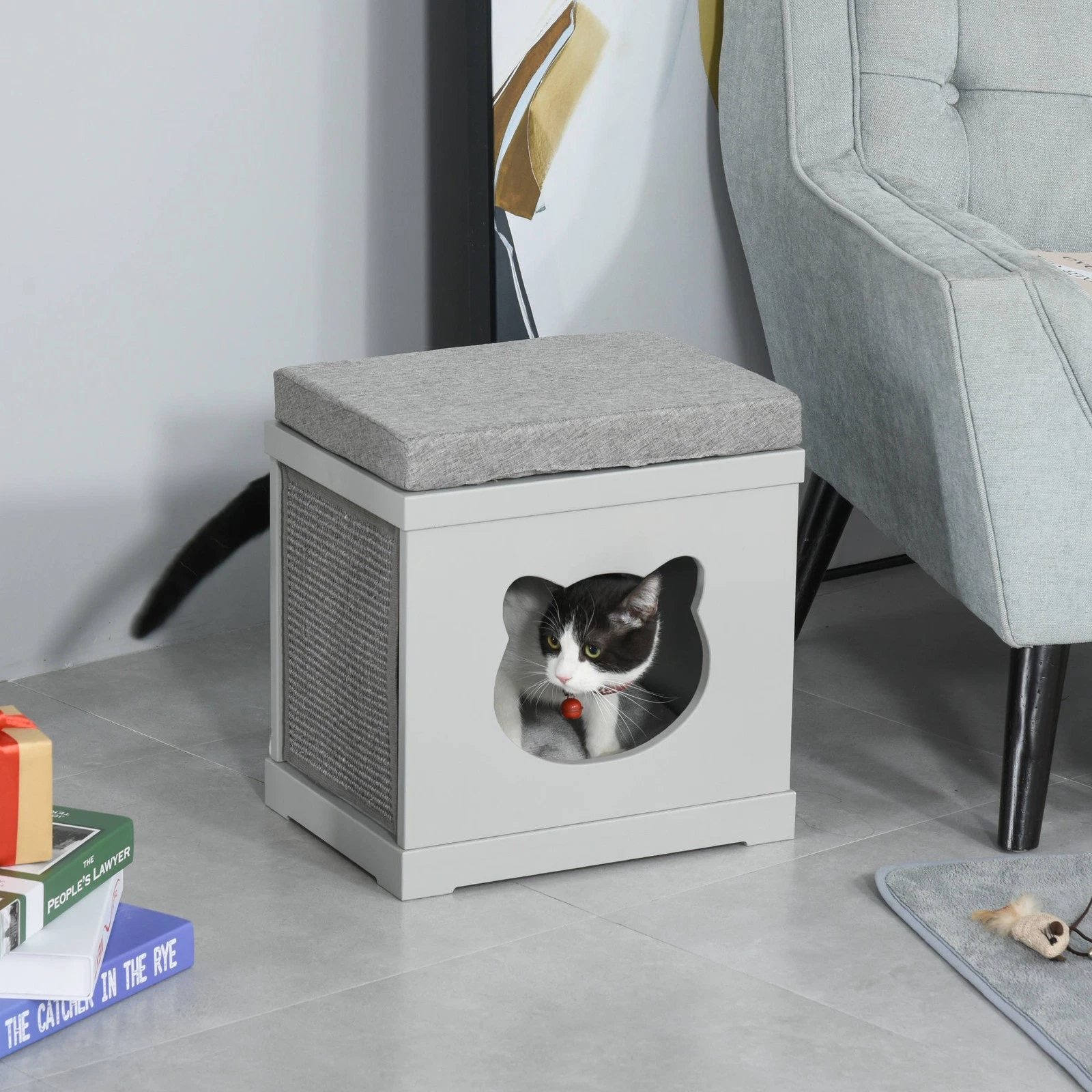 Cat House Bed Kitten Cave Cube Indoor w/ Soft Cushion Sisal Scratching Pad, Grey