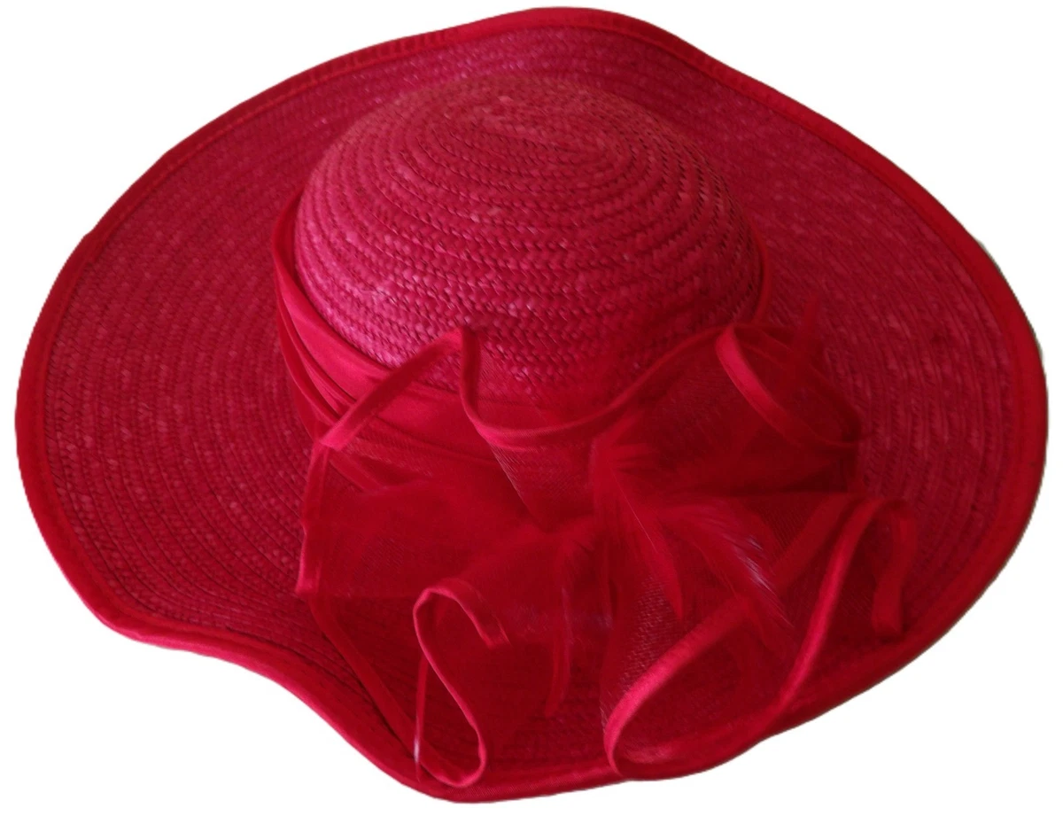 Red Straw Satin Summer Church Hat Lg Red Satin Tied Back Bow Wide Brim Bell M22019 ( Red hat ) Kentucky Derby hat Church hat Wedding hat  main image 2