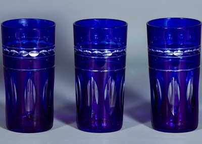 3 VAL SAINT LAMBERT COBALT BLUE Cut To Clear Crystal Tumblers 5''