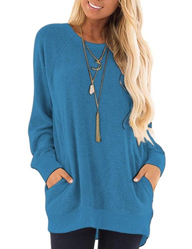 Damen Freizeit Langarm Rundhals Tasche T-Shirts Blusen Tunika Sweatshirt...