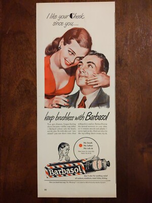 Vintage 1947 barbasol print ad. Keep brushless with barbasol