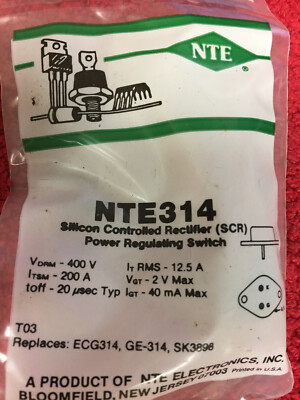 NTE314 SILICON CONTROLLED RECTIFIER POWER REGULATING SWITCH 400V 200A